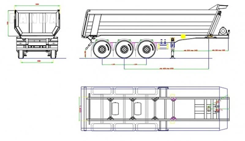 tri axle half pipe dump truck trailer drawing